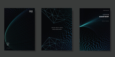 Wall Mural - Abstract Technology poster background vector set. Futuristic style cover template with line distortion, intricate line wave, dot point connect. Ideal design for social media, website, business, ads.