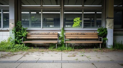 Wall Mural - Two Wooden Benches Under a Window with Overgrown Plants