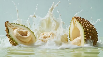 Two durian fruit halves in a splash of milk, with green background.