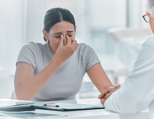 Sticker - Doctor, patient and stress with holding hands in office on consultation with feedback on diagnosis. People, medical professional and sad woman at clinic for bad news on sickness with support and care