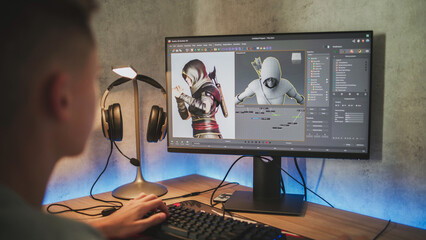Fototapete - Young designer creates 3D model of game character using PC. Interface of professional 3D modeling software. Teenage boy working on freelance project on computer at home. Game development concept.