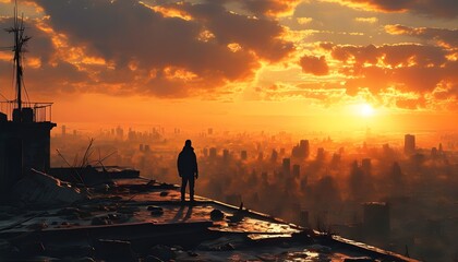 Lone figure on rooftop gazing over devastated cityscape under a vibrant orange post-apocalyptic sunset