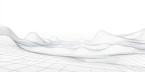 Poster - 2D cartoon style illustration of a wireframe landscape featuring an abstract perspective grid on a white backdrop