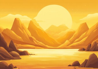 Poster - Golden sea and mountains in a 2D cartoon landscape illustration