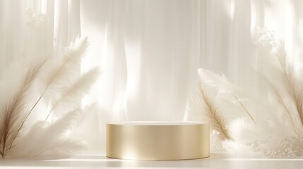 Canvas Print - Cylinder gold flower podium for cosmetic advertising, display stand, showcase, stage, white background with feathers, with curtains, delicate background, white shades wedding zone, background