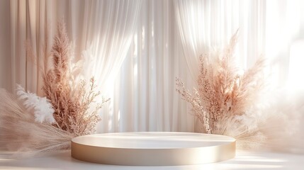 Wall Mural - Cylinder gold flower podium for cosmetic advertising, display stand, showcase, stage, white background with feathers, with curtains, delicate background, white shades wedding zone, background