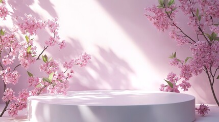 Background podium 3D spring flower product beauty pink display nature. 3D podium stand background scene floral mockup cosmetic white blossom summer abstract shadow platform minimal design render stage