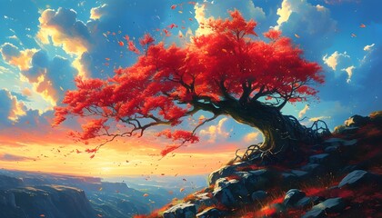 Majestic red tree swaying in a vivid landscape beneath a dramatic sky, capturing the enchanting beauty of nature