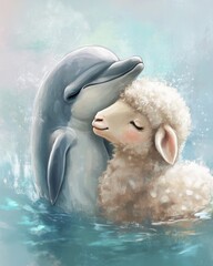 Sticker - Dolphin and Lamb Hug.