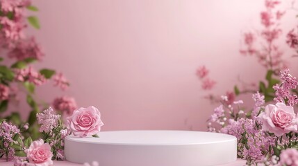 Poster - Podium background flower rose product pink 3d spring table beauty stand display nature white. Garden rose floral summer background podium cosmetic valentine easter field scene gift purple day romantic