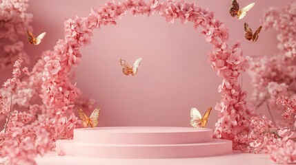 Wall Mural - Butterfly podium background pink 3D flower pedestal rose stage cosmetic wedding platform. Background podium gold butterfly arch floral beauty spring presentation shop paper day product mockup