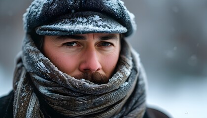 Canvas Print - Winter warrior shielding face from harsh cold and snow with a scarf and hat