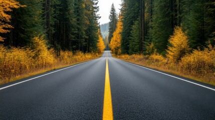 A straight forest road with yellow line markings, surrounded by golden autumn trees and lush greenery, creating a peaceful and scenic drive.