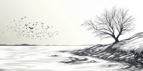 Poster - line art illustration depicting the long exposure effect on water showcasing the beauty of nature