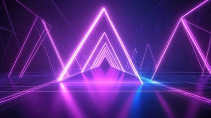 Aufkleber - Line art illustration of a neon futuristic wireframe surface featuring a glowing triangular structure with connected lines Abstract background in violet and blue colors for web design