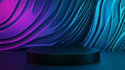 A glossy black 3D podium placed in front of a vibrant abstract wave pattern of teal and purple hues, set on a dark blue gradient background for a bold product showcase.