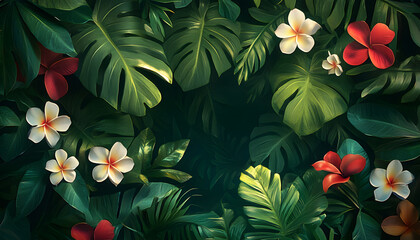 Wall Mural - A lush jungle scene with vibrant green leaves and exotic flowers, bringing the warmth of the tropics to your screen