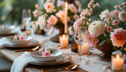 Charming table arrangement adorned with soft pink and white flowers, glowing candles, set in a tranquil, sun-kissed ambiance.