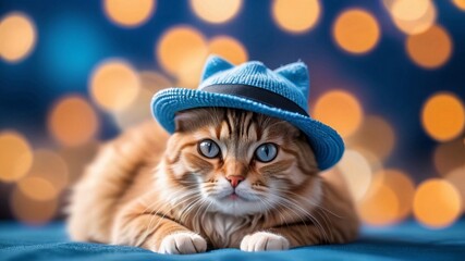 Wall Mural - Cute cat wearing a blue hat with a blurred background.