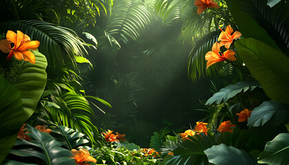 Wall Mural - A lush jungle scene with vibrant green leaves and exotic flowers, bringing the warmth of the tropics to your screen