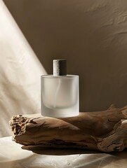 Canvas Print - A frosted glass bottle with a cork lid sits on a piece of driftwood in soft lighting.