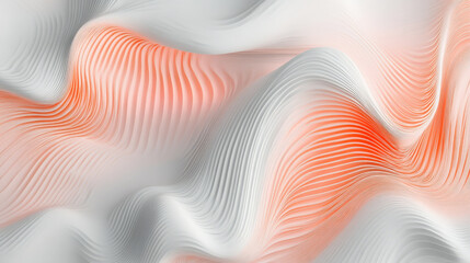 Poster - Abstract wavy lines in soft pink and orange flowing smoothly over a light gray background, creating a modern and calming pattern.