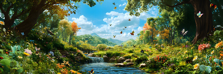 Poster -  featuringa vibrant forest with a streamm flowing through it, surrounded by lush greenery