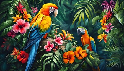 Wall Mural - Tropical paradise featuring vibrant parrot pair nestled in lush foliage and surrounded by colorful flowers, showcasing natures beauty and harmony.