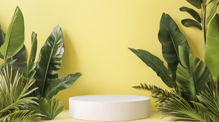 Wall Mural - A modern white round podium surrounded by oversized banana leaves, set against a soft yellow background for a clean and natural display.