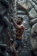 © FotoAndalucia - A strong, attractive bearded climber training at a climbing wall