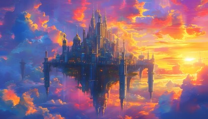 Wall Mural - Enchanting aerial cities adorned with vibrant colors and ethereal architecture amidst a breathtaking sunset and stunning clouds