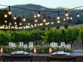 String Lights Over a Gourmet Dining Setup in a Vineyard