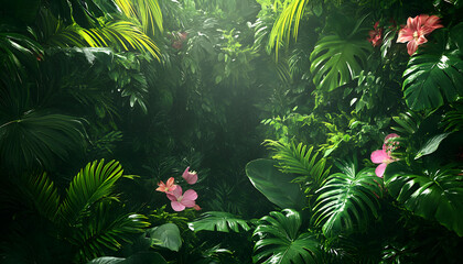 A lush jungle scene with vibrant green leaves and exotic flowers, bringing the warmth of the tropics to your screen