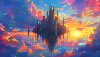 Wall Mural - Enchanting aerial cities adorned with vibrant colors and ethereal architecture amidst a breathtaking sunset and stunning clouds