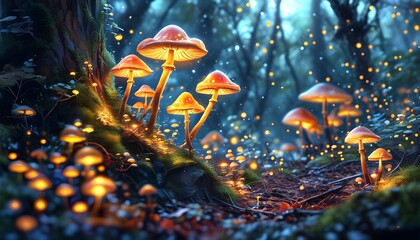 Enchanting forest illuminated by glowing mushrooms, creating a dreamy and magical atmosphere