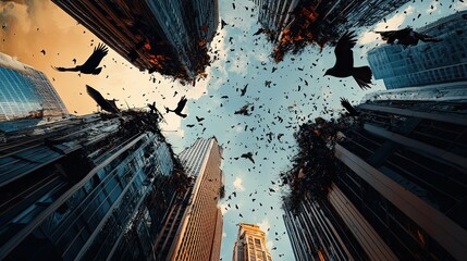 A flock of birds flying through a city skyline with crumbling buildings