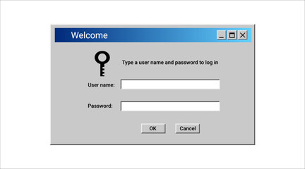 Poster - Old system registration window in blue color. Retro password window. Protection dialog box.