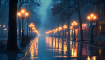 Wall Mural - Misty city street at night with glowing vintage lamps reflecting on wet pavement, evoking a dreamy and tranquil ambiance.