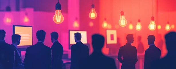 Poster - Silhouettes of business people in an office, with digital screens and glowing light bulbs symbolizing innovation. The background is blurred to emphasize the foreground elements. 