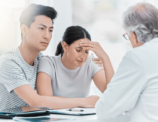 Canvas Print - Doctor, couple and stress with results at office on consultation with feedback on diagnosis. People, medical professional and sad patients at clinic for bad news on sickness with support and care