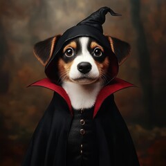 A cute dog in a wizard costume, posing dramatically in a mystical forest setting, perfect for Halloween-themed imagery.