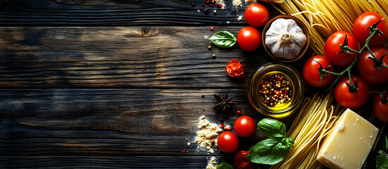 Wall Mural - Italian cuisine concept with ingredients like raw pasta cherry tomatoes olive oil garlic cheese and spices on a dark wooden backdrop for a pasta themed image with space for text. Creative banner