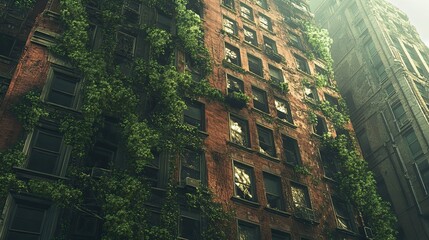 Poster - Overgrown Brick Building with Broken Windows