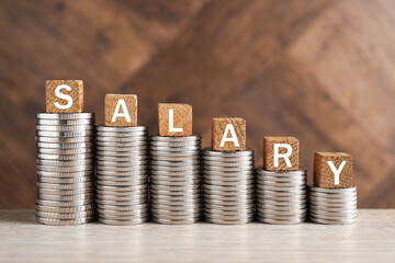 Wall Mural - Stacked coins and cubes with word Salary on light wooden table, closeup