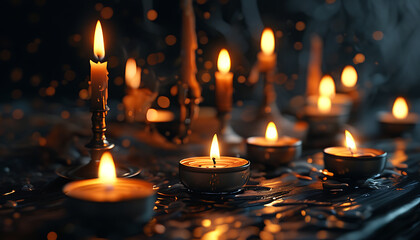 Mystic candlelight scene at night on a black background, details of candle flame.