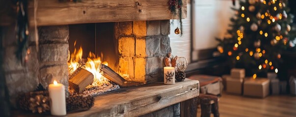 A warm and cozy fireplace scene with flickering flames, festive decorations, and a beautifully adorned Christmas tree in the background.