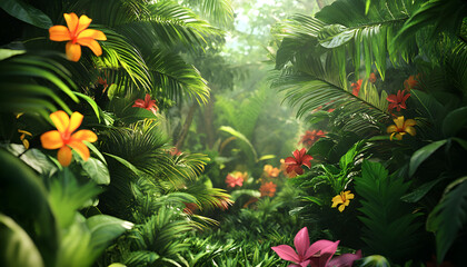 Wall Mural - A lush jungle scene with vibrant green leaves and exotic flowers, bringing the warmth of the tropics to your screen