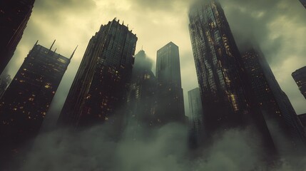 Tall Buildings Emerging from Foggy Cityscape