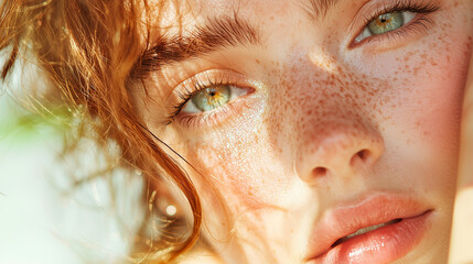 Freckled beauty in natural sunlight close-up portrait. grooming. cosmetics photo, beauty industry advertising photo.