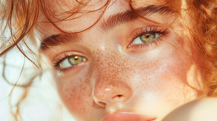 Freckled beauty in natural sunlight close-up portrait. grooming. cosmetics photo, beauty industry advertising photo.